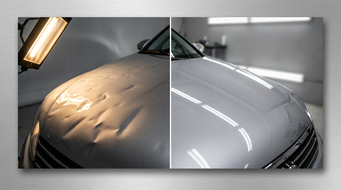 Before and after comparison of hail damage repair