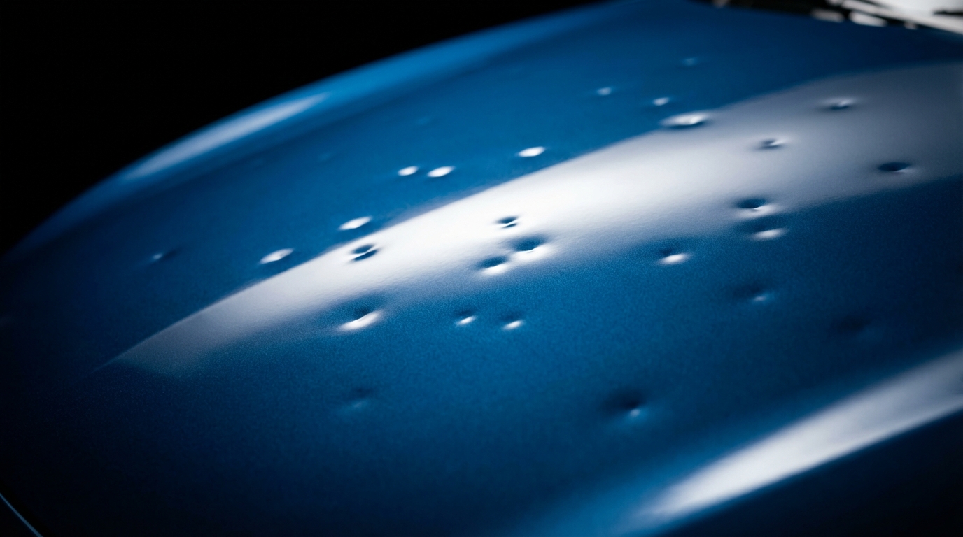 Hail damage on car hood showing multiple dents under inspection lighting