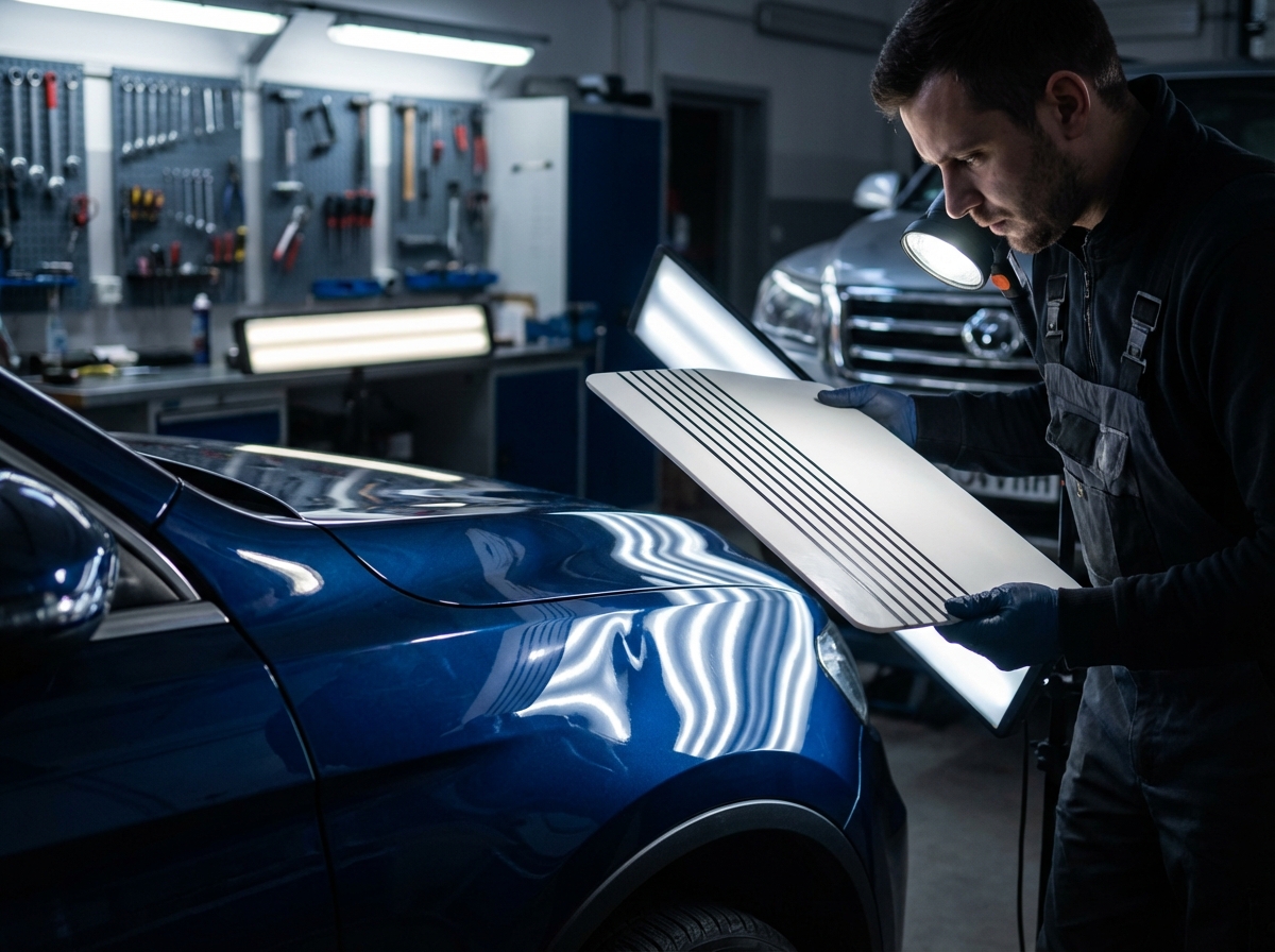 Technician inspecting car with reflection board for dent assessment