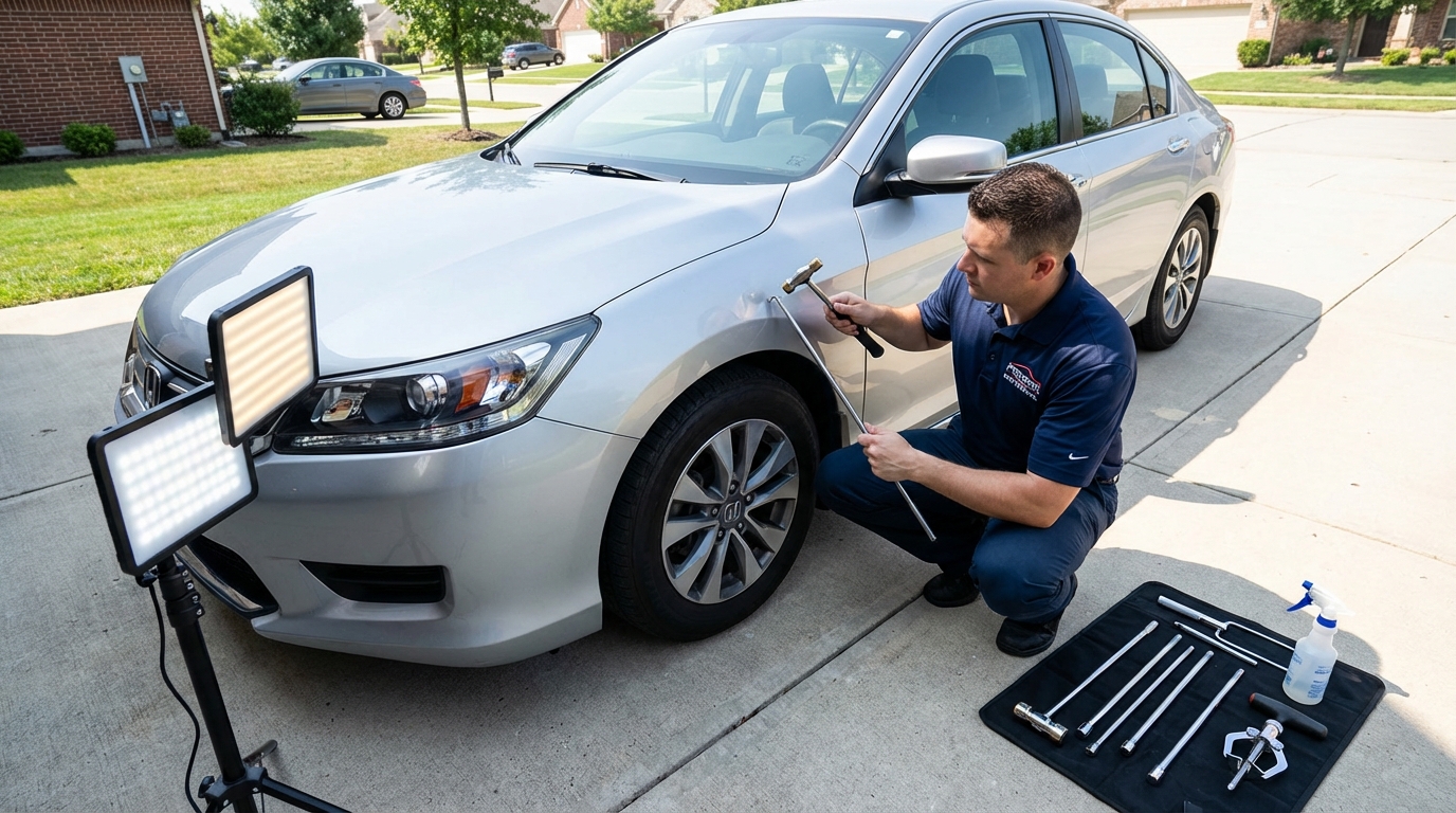 Pro Car PDR technician performing mobile dent repair at customer location