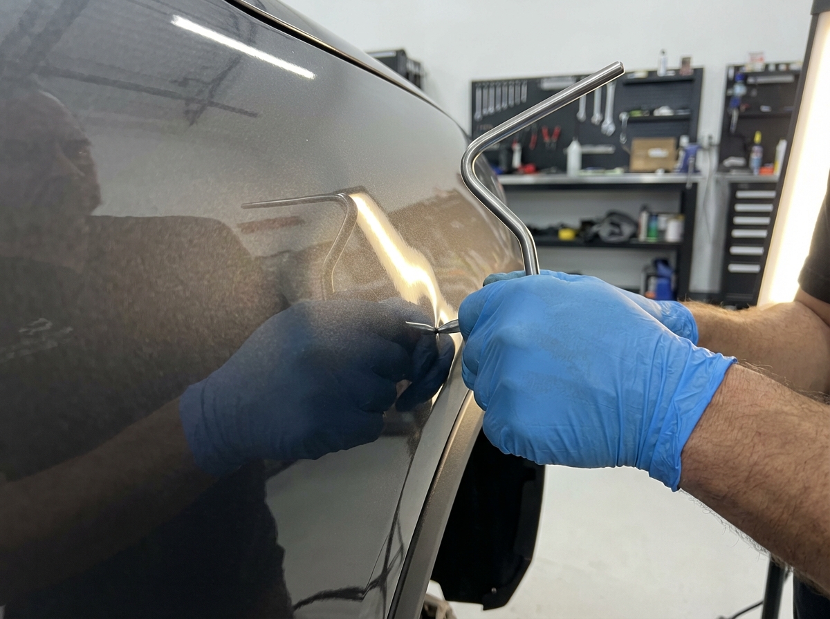 Technician performing paintless dent repair with specialized PDR rod