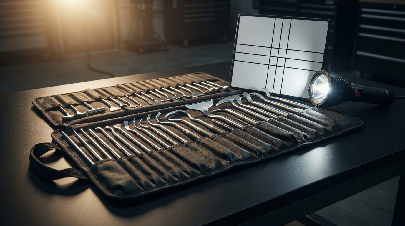 Professional PDR tool kit with specialized metal rods and reflection board