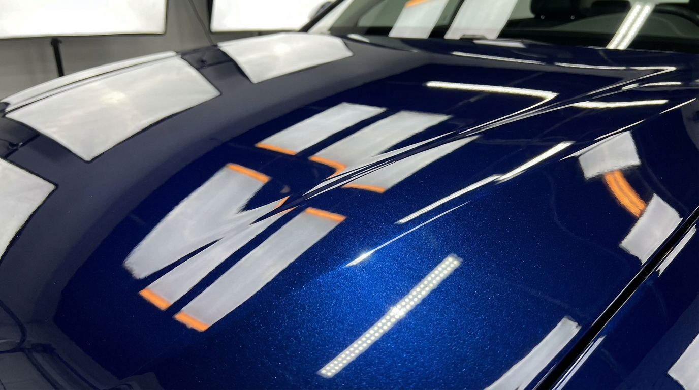 Perfectly restored car hood with flawless glossy finish